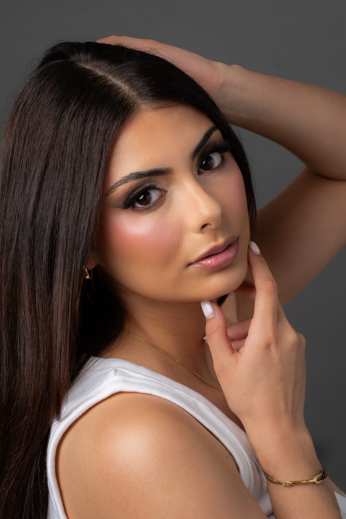 Soft glam portrait showcasing bridal makeup